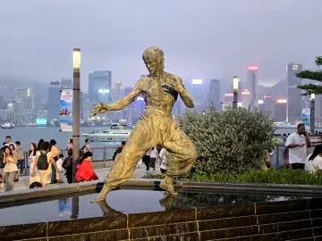 Bruce Lee statue in front of the Hong Kong harbour skyline.