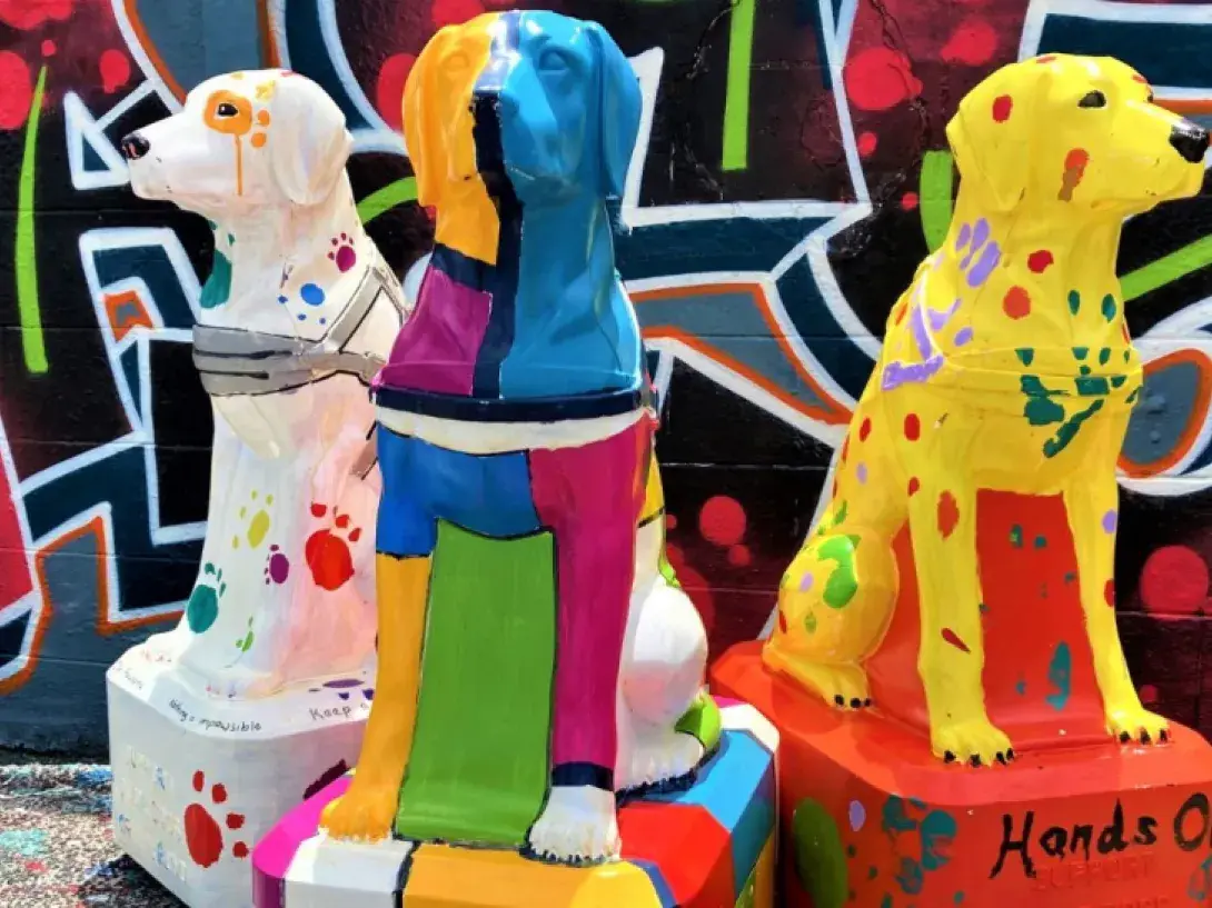 Trudy Dog coin collection boxes painted in vibrant colours, placed in front of a bright mural - image courtesy of Blind Low Vision NZ