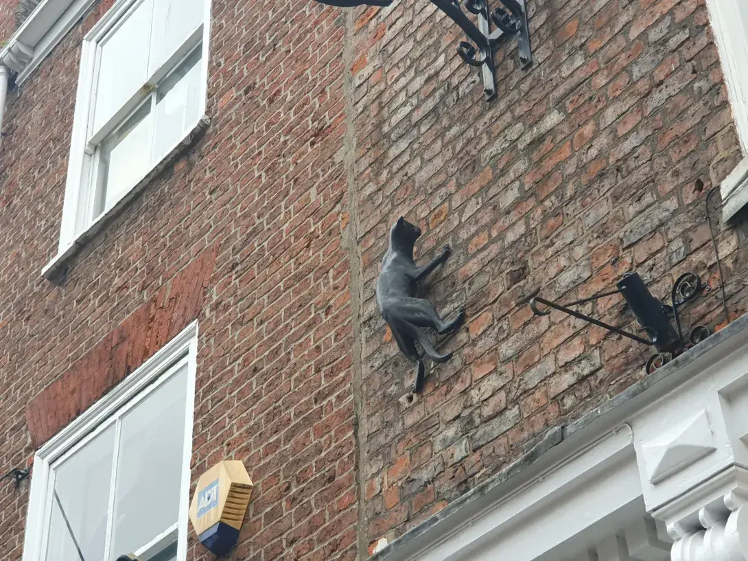 A cat sculpture, part of the York Cat Trail, climbing a wall