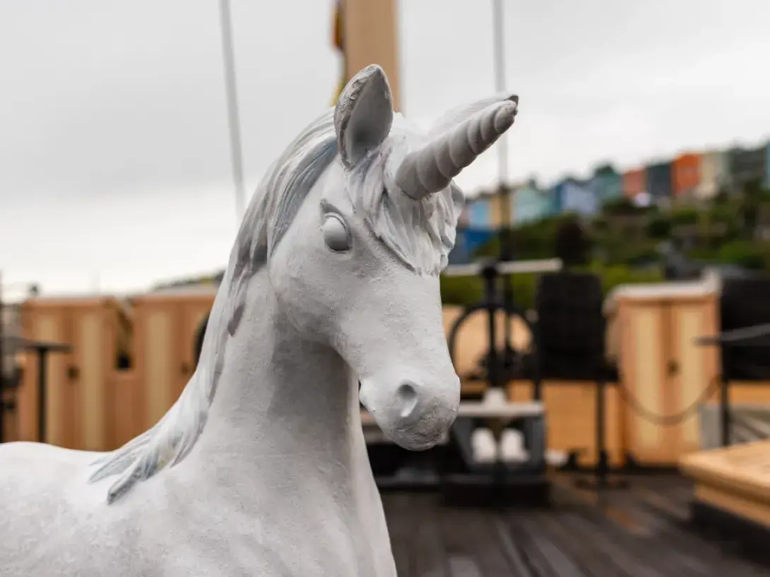 A close up of a unicorn sculpture